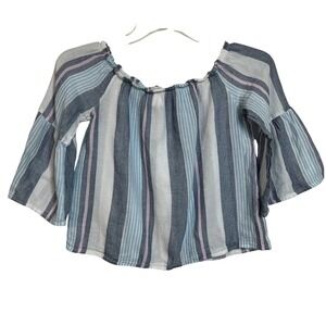 2/$15 Ponytails Girls Top Size 14/16 Blue Striped Off Shoulder Bell Sleeve (3129